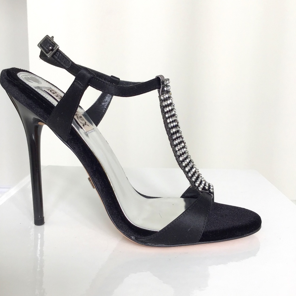 Badgley Mischka black satin/velvet open toe heels with clear crystals 7 1/2
